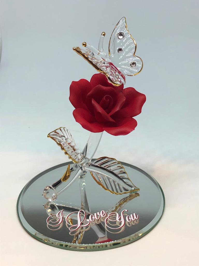 Crystals Butterfly and Red Rose, I Love You, Handcrafted Butterfly Figurine, Flower-Gift for her, Anniversary Gift