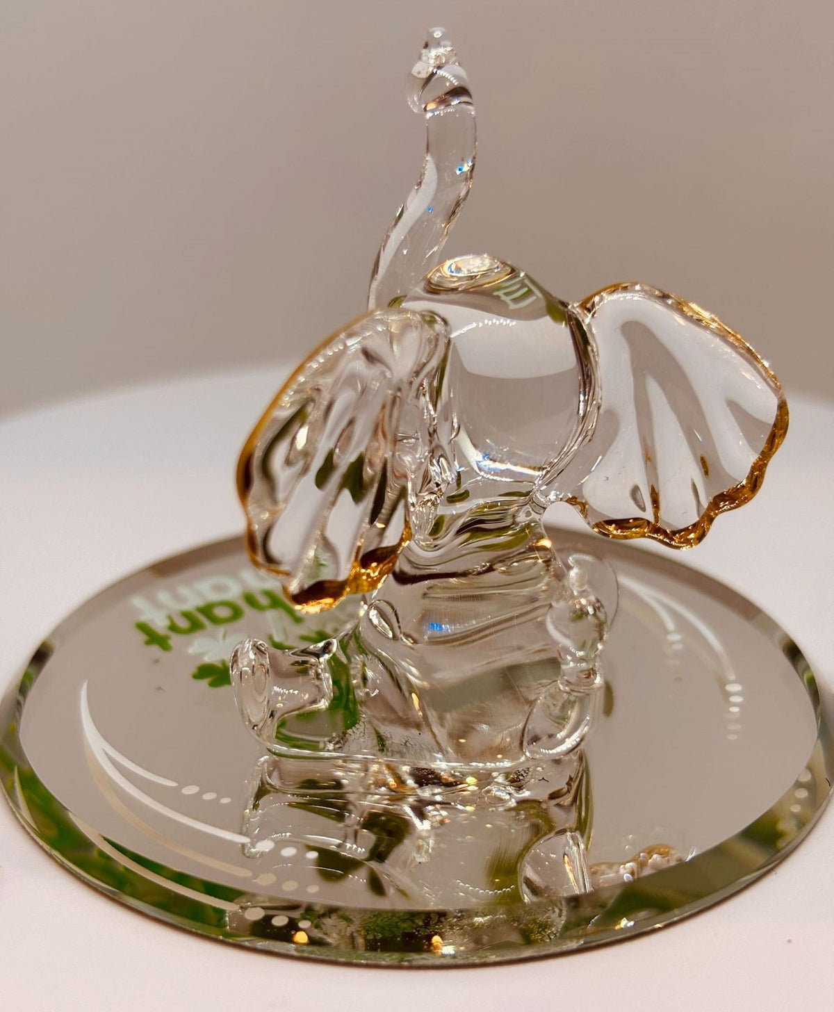 Glass Elephant Figurine, Lucky Elephant, Elephant Lover Gift, Good Luck Decor, Green Crystal Eyes