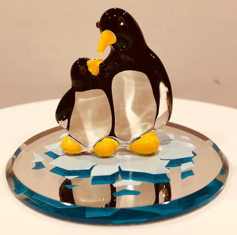 Penguin and Baby Glass Figurine Cute Winter Animal Gift