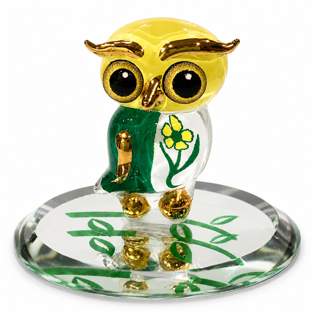 Handcrafted Glass Spring Owl Figurine – Owl Collectible, Bird Lover Gift, Mini Owl Decor