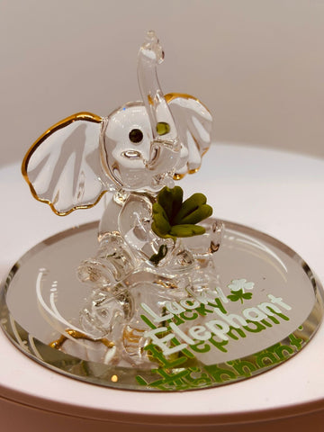 Lucky Elephant Figurine with Clover Handcrafted Glass Elephant with Green Crystal Eyes