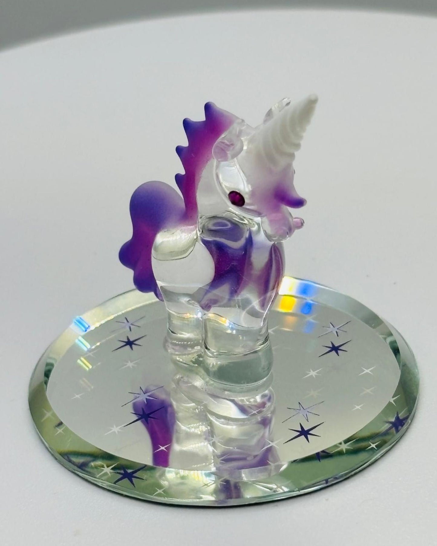 Glass Baby Unicorn Figurine Handcrafted Purple Mane Fantasy Collectible Decor