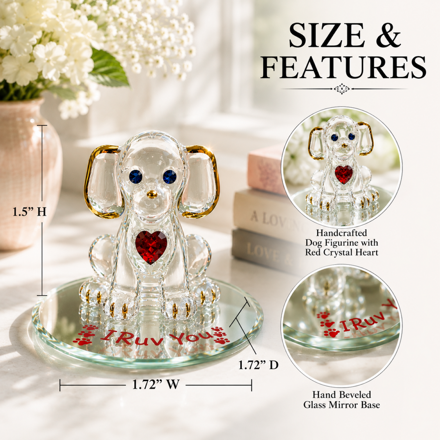 Dog Lover Gift Glass Puppy Figurine Crystal Heart Pet Memorial Home Decor
