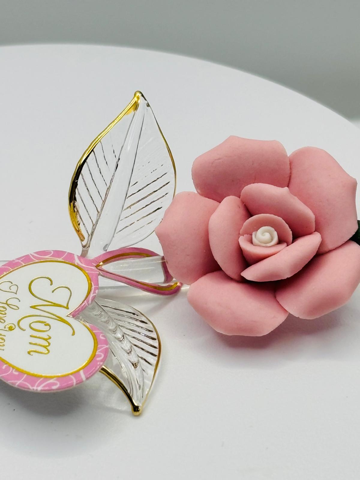 Pink Porcelain Rose for Mom “Mom I Love You” Glass Flower Keepsake Mother's Day Gift