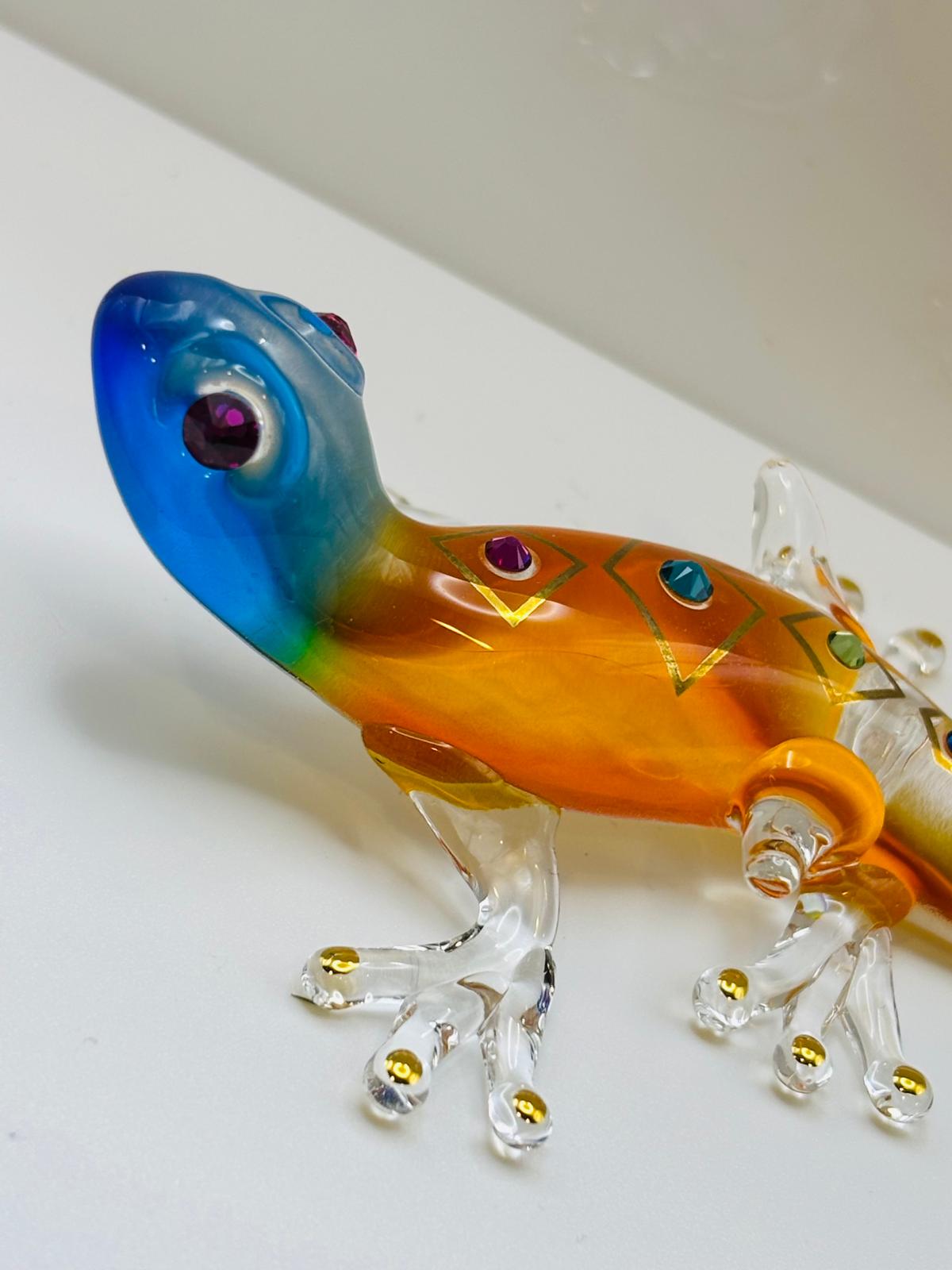 Colorful Glass Gecko Figurine with Crystals Desert Lizard Collectible Decor