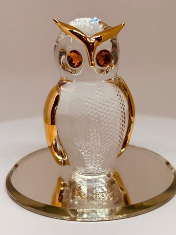Clear and Gold Owl Figurine | Handcrafted Glass Owl with Gold Accents