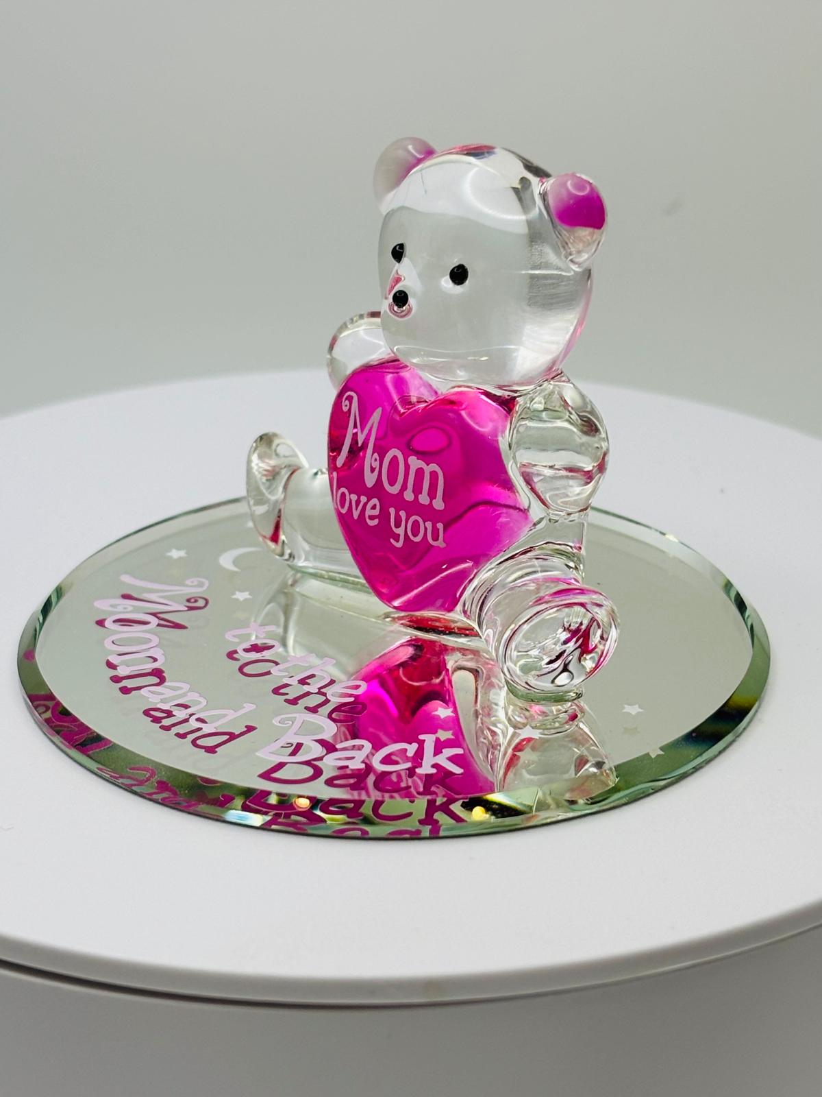 Mom Bear Glass Figurine To Moon Back Gift Mothers Day Pink Heart Decor