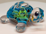 Bright Blue Turtle Figurine Handcrafted Glass Art with Blue Crystal Eyes