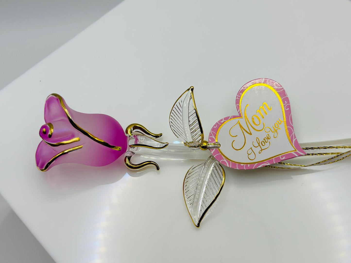 Pink Pearl Rose Figurine | Glass Stem Rose Collectible | Mother's Day Gift