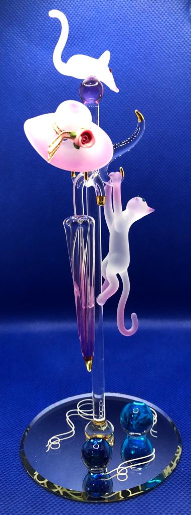 Cat and Coat Rack Figurine, Handcrafted Glass Cat, Mouse & Cat, Gift for Cat Lovers, Handmade Gift Ideas, Home Decor