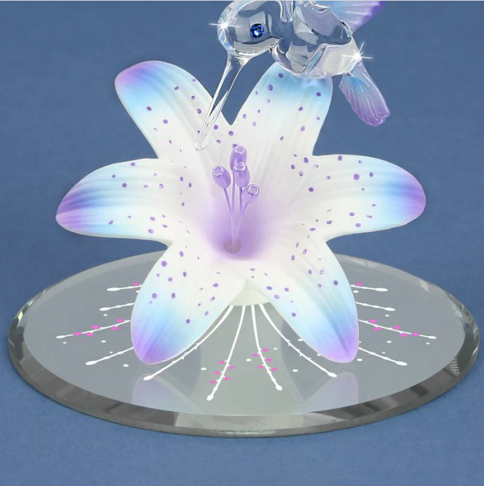Hummingbird and Blue Lily Glass Figurine with Crystal Accents
