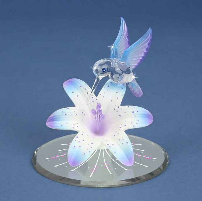 Hummingbird and Blue Lily Glass Figurine with Crystal Accents