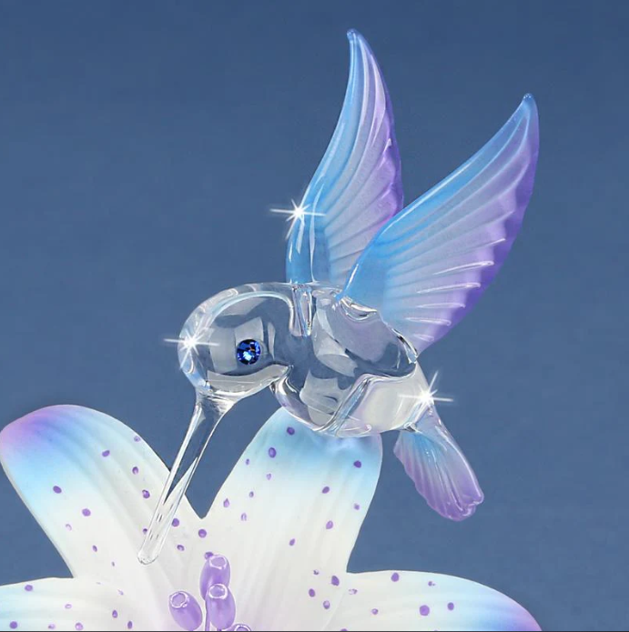 Hummingbird and Blue Lily Glass Figurine with Crystal Accents