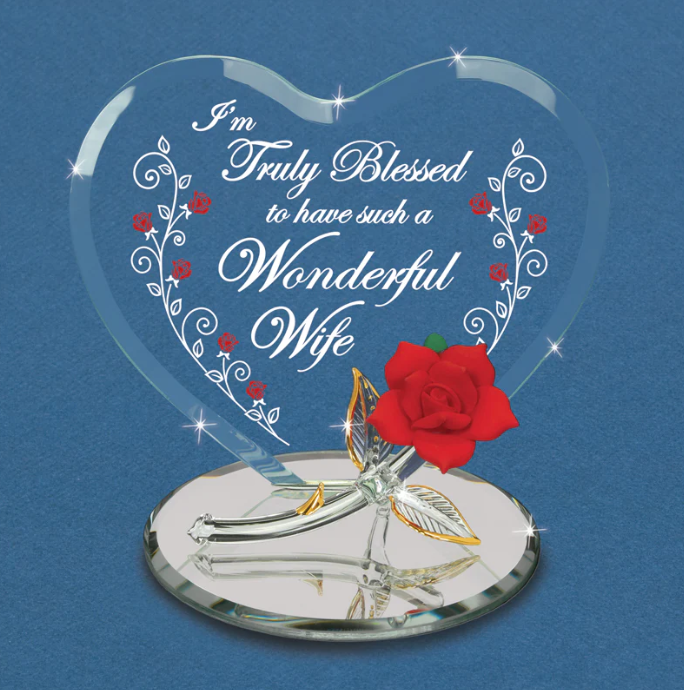 Glass Red Rose Figurine Wife Truly Blessed Accented with Real 22Kt Gold