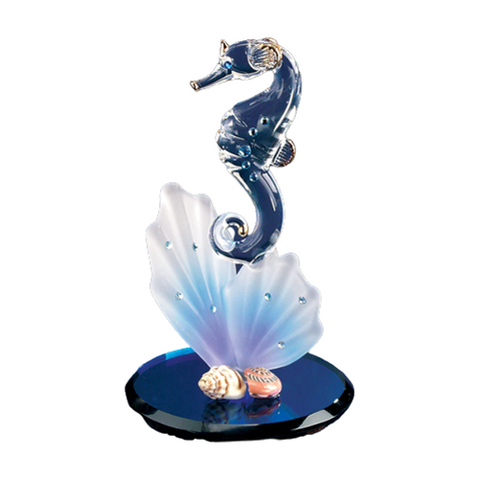 Glass Sea Horse Figurine on Blue Coral | Ocean Theme Decor | Sea Life Gift