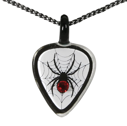 Glass Baron Spider and Web Guitar Pick Necklace Red Ruby Crystal