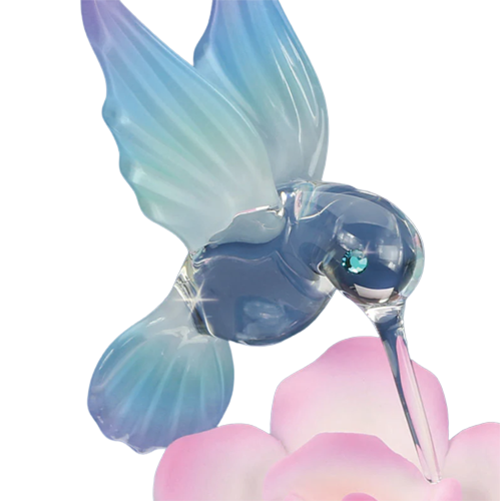 Glass Pastel Hummingbird & Pink Rose Figurine w/ Crystal Accents