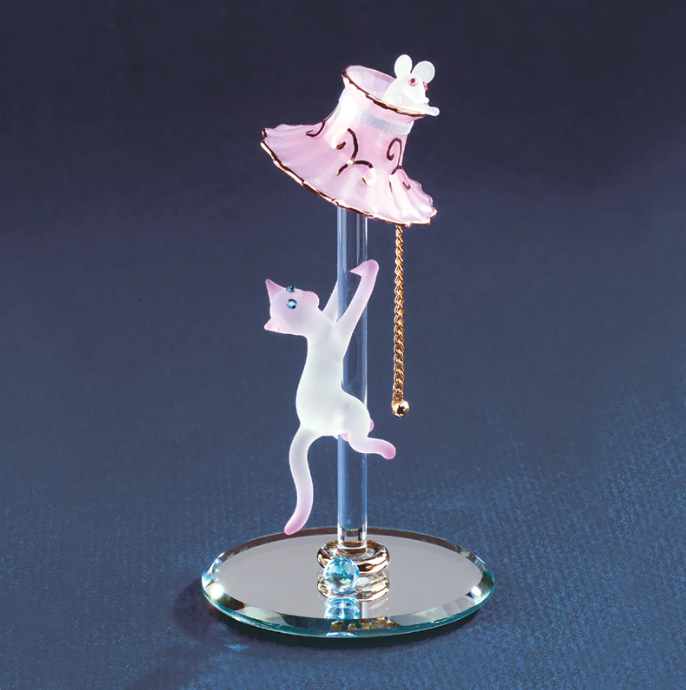 Cat with Lamp Glass Figurine Handcrafted with Crystals Accents