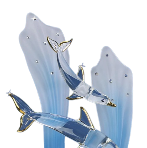 Glass Dolphin and Baby with Blue Sea Grass Collectible Figurine