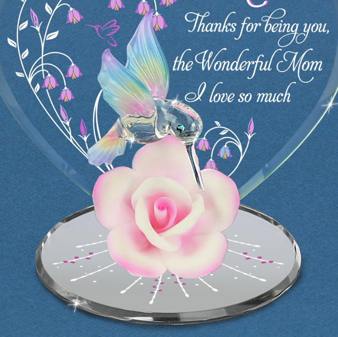 Glass Baron Wonderful Mom Hummingbird Pink Rose Figurine