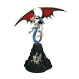 Black Magic Dragon Figurine with Red Wings and Castle Fantasy Glass Art Decor