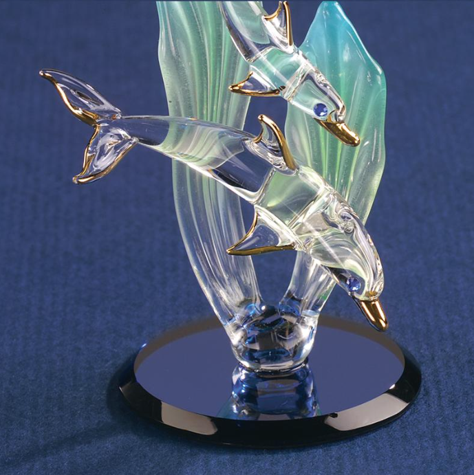 Glass Dolphin with Baby in Sea Grass Collectible Figurine