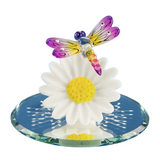 Sunset Dragonfly Glass Figurine Nature Decor with Daisy & Mirror Base