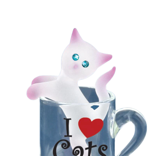 Glass Cat Figurine Kitty in Cup with Blue Crystal Eyes