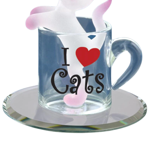 Glass Cat Figurine Kitty in Cup with Blue Crystal Eyes