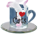 Glass Cat Figurine Kitty in Cup, Home Decorations, Gift for Cat Lovers