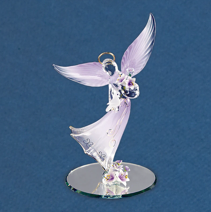 Angel Glass Figurine with Flowers, Lavender Angel Figurine, Glass Angel Dove, Handcrafted Gift, Handmade Angel Statue, Home Decor