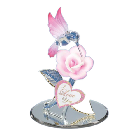 I Love You Hummingbird with Pink Rose Handcrafted Glass Gift