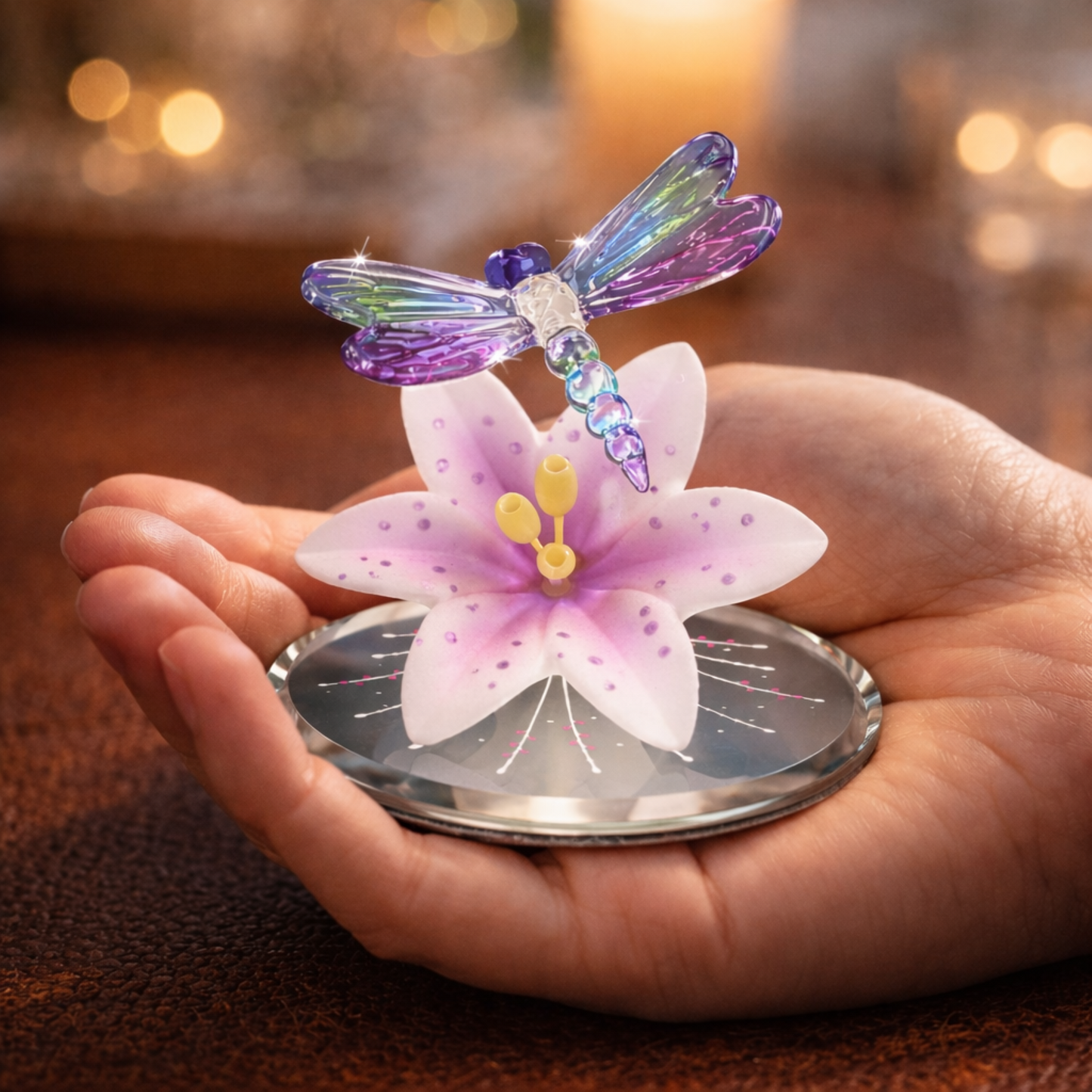 Dragonfly Lily Glass Figurine Colorful Floral Decor Garden Accent Collectible Display