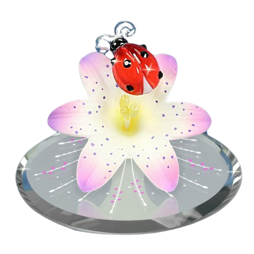 Glass Baron Ladybug on Lily Figurine with Crystal Accents