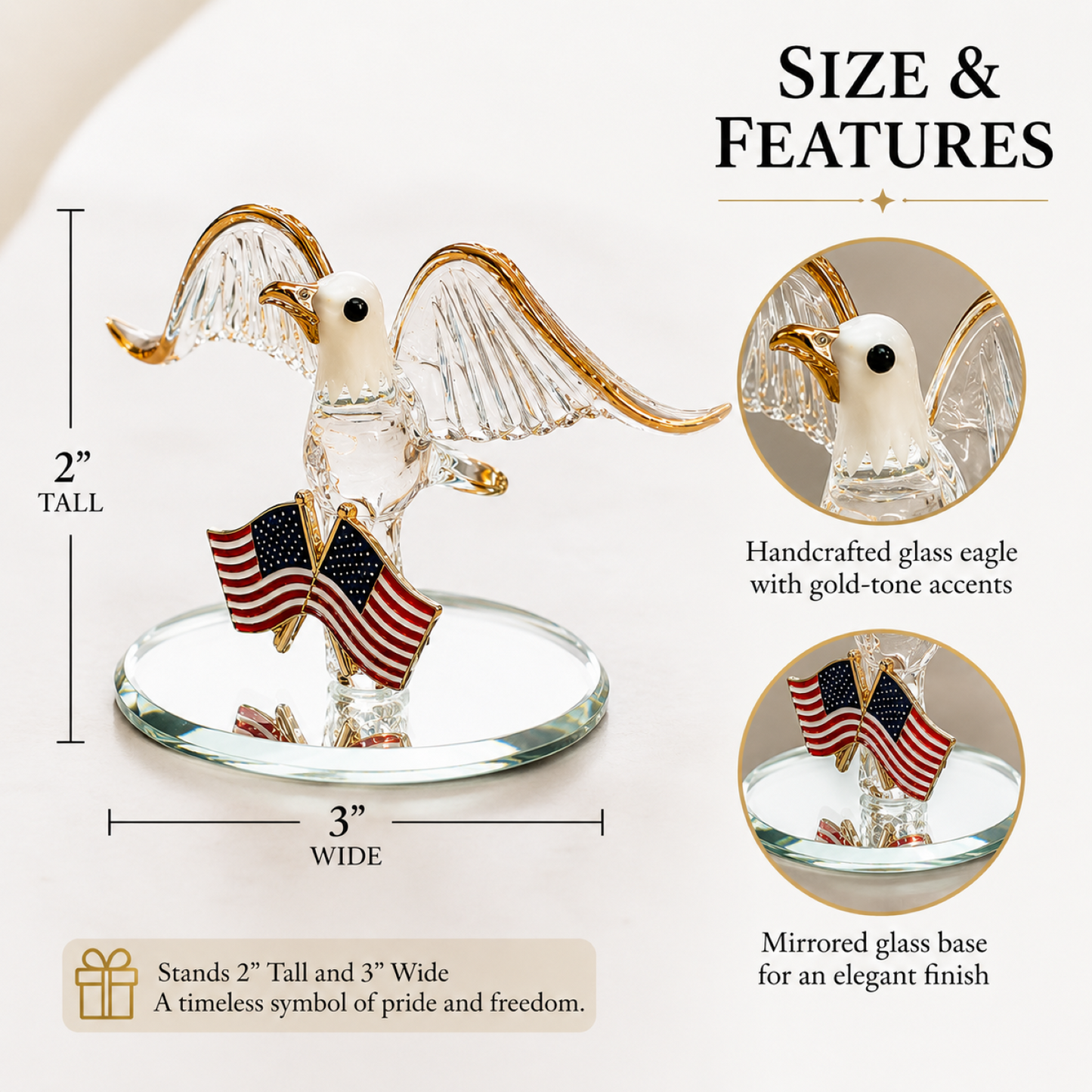 American Eagle Glass Figurine with USA Flag | Patriotic Decor Gift