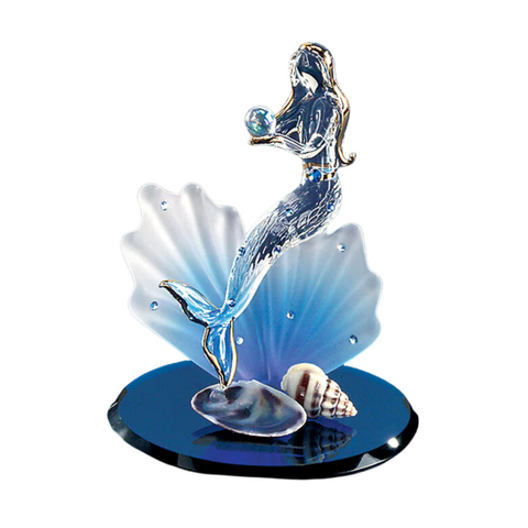 Mermaid on Blue Coral Glass Figurine | Ocean Decor | Sea Life Gift with Crystals