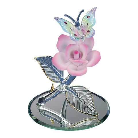 Butterfly on Pink Rose Figurine Handcrafted Glass Gift