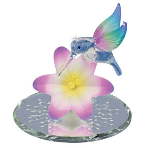 Glass Hummingbird with Lavender Lily Figurine Crystal Accents Gift