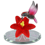 Hummingbird with Red Lily Glass Figurine with Crystals & Mirror Base