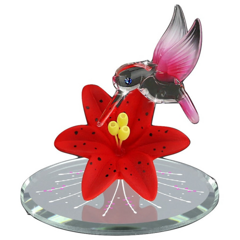 Hummingbird with Red Lily Glass Figurine with Crystals & Mirror Base