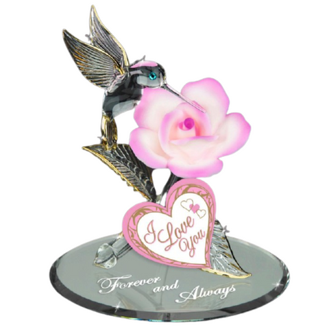 Forever & Always Hummingbird with Pink Rose Handcrafted Glass Figurine