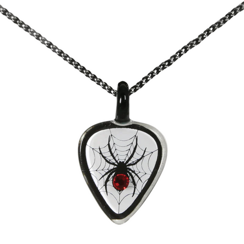 Guitar Pick Spider Necklace with Crystals on Black Cord