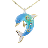 Turquoise Dolphin Necklace | Handcrafted Glass Pendant with Crystals & Gold Accents