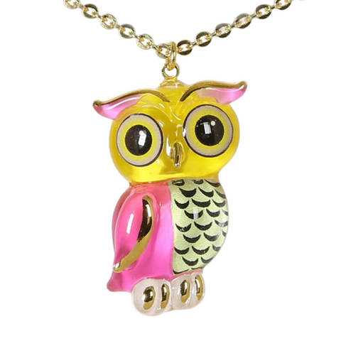 Glass Owl Necklace Handcrafted Pendant with 18" Gold-Plated Chain