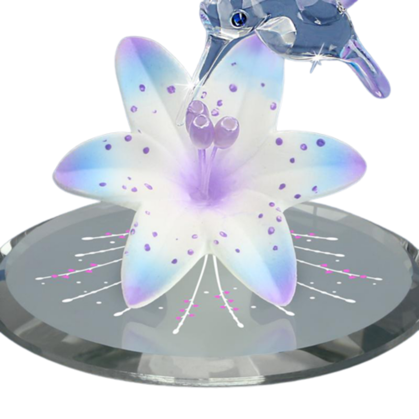 Handcrafted Glass Hummingbird with Blue Lily Figurine on Mirror
