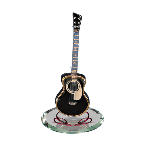 Black Acoustic Guitar Figurine Crystal & 22Kt Gold Accents Music Gift