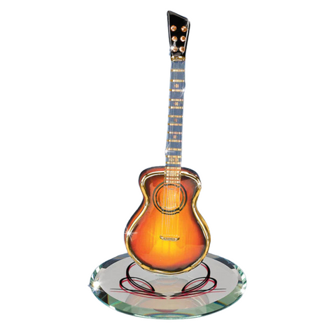 Glass Sunburst Acoustic Guitar Figurine Handcrafted Gift with Crystals & Gold