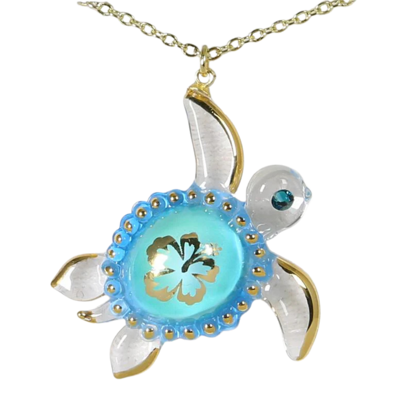 Aloha Sea Turtle Necklace with Crystals & Gold Flower Accent