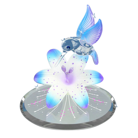 Hummingbird on Blue Lily Figurine | Handcrafted Glass with Crystal Accents