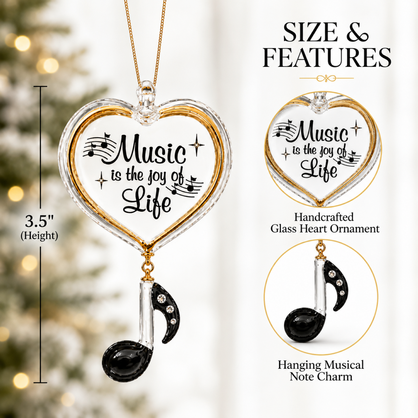Music Ornament Heart Glass Gift Musician Piano Teacher Choir Band Christmas Decor Collectible